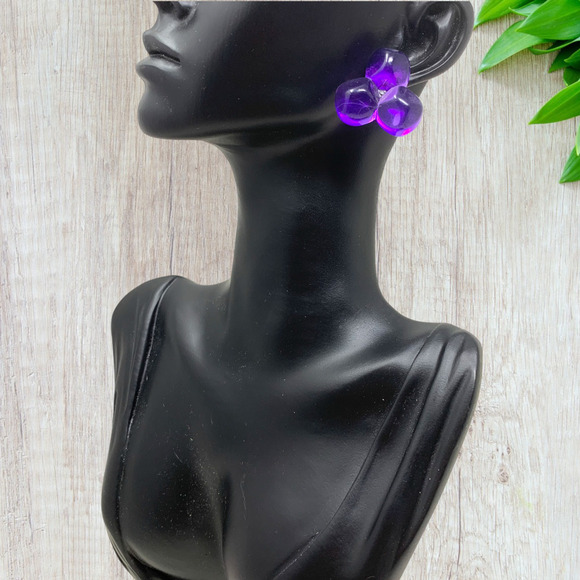 Vintage 1980's Purple Clear Acrylic Triple Bead Earrings New Wave Punk Rock - Picture 2 of 4